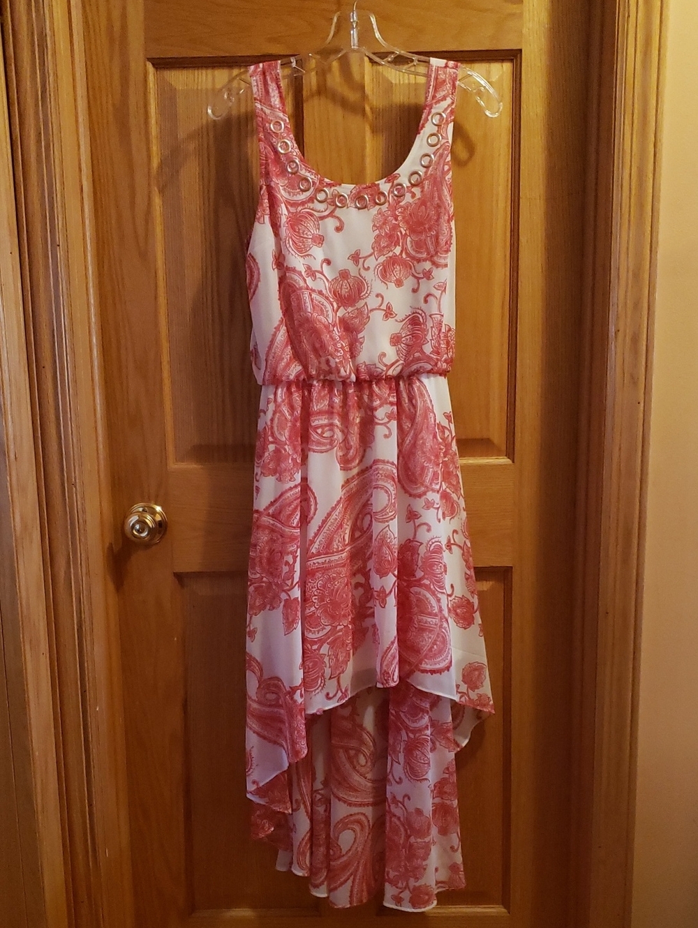 Joseph Ribkoff Red Grecian Style Paisley High-Low Sleeveless Dress